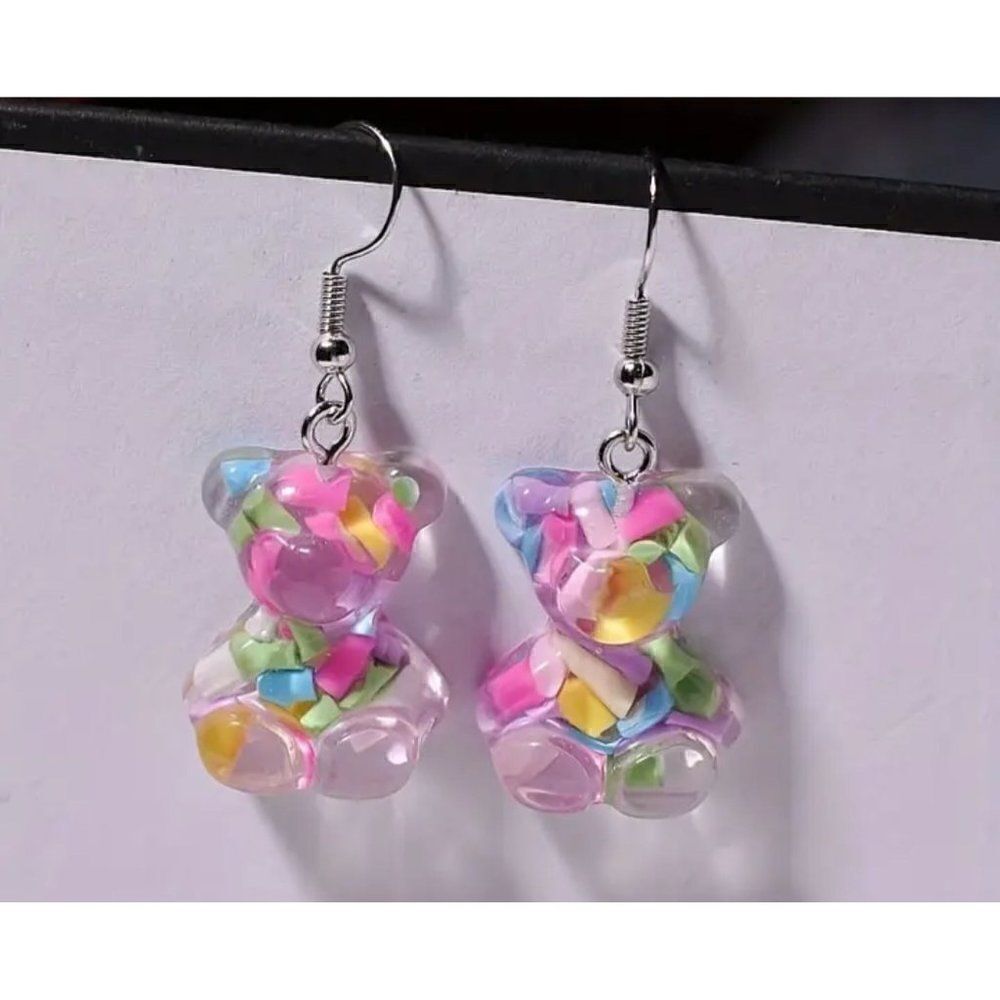 New! Adorable Acrylic Pastel Color Filled Gummy Bear Dangle Earrings!